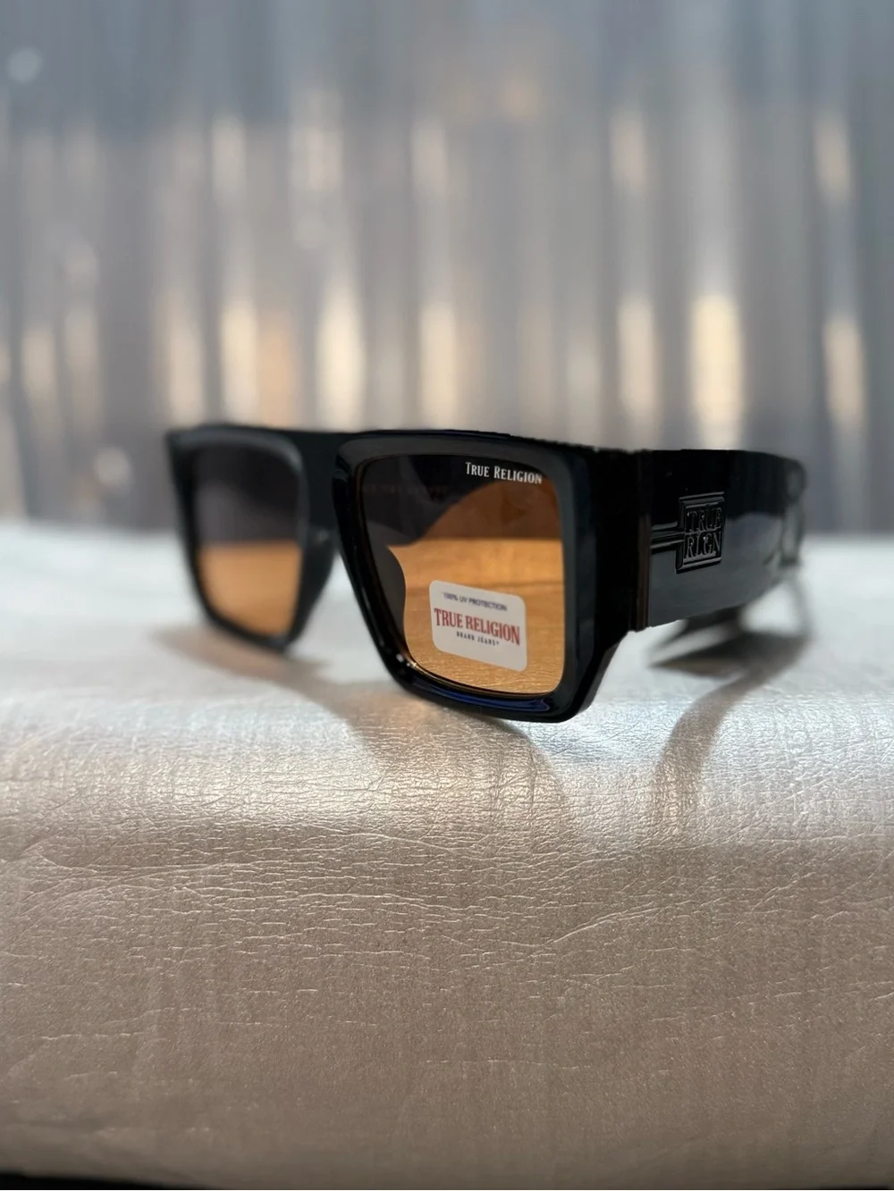 True Religion Men's Glossy Black Sunglasses with Yellow Mirror Lenses-NWT